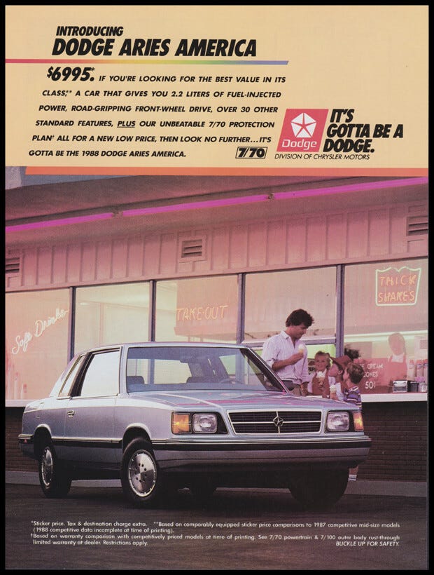 Dodge Aries automobile print ad 1987