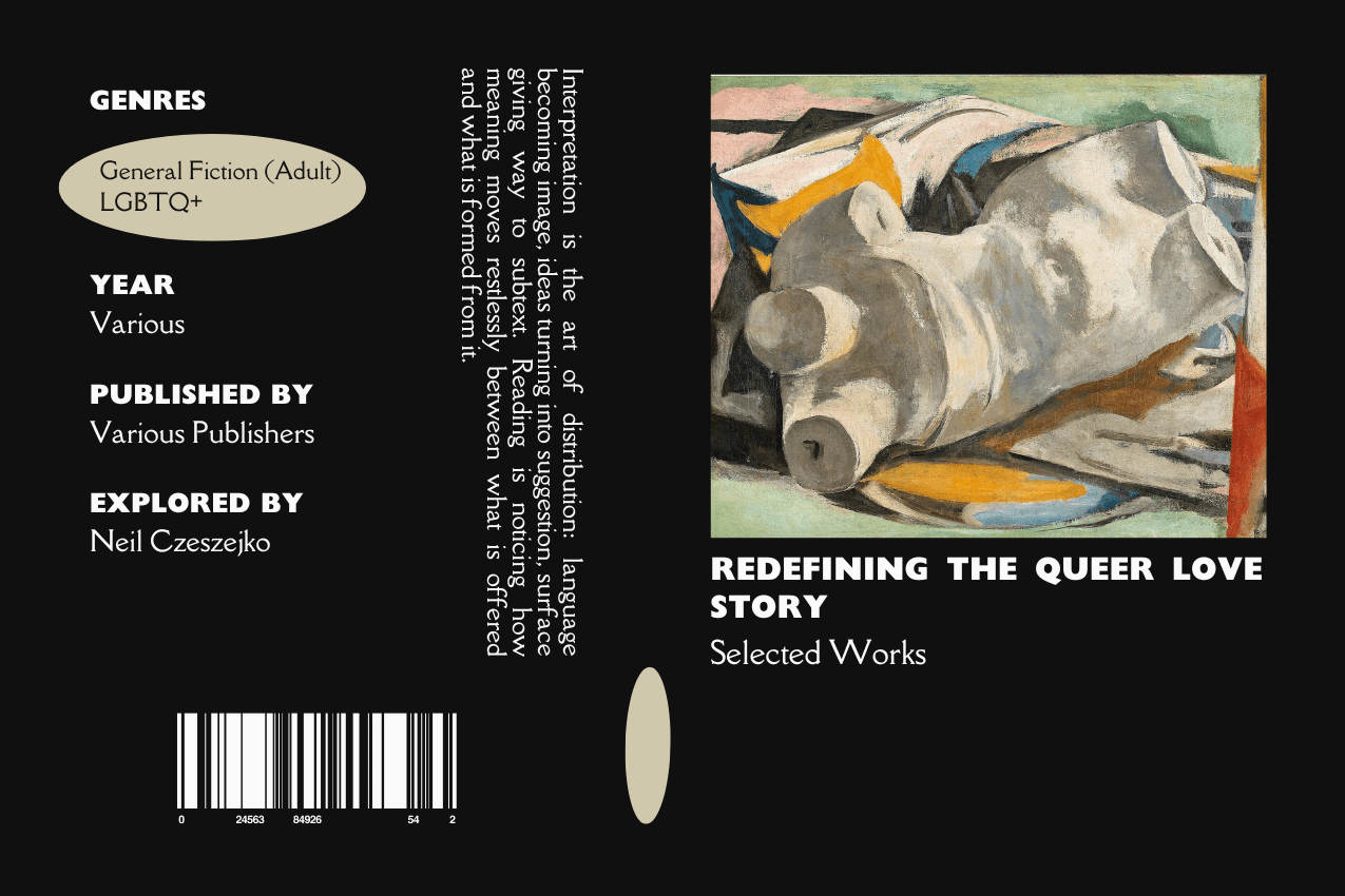 Editorial graphic featuring a stylized book jacket for "Redefining the Queer Love Story," a collection of selected works. The layout depicts an abstract representation of a reclining torso of a fragmented male statue, rendered in muted earth and gray tones. Metadata columns on the left list the genres General Fiction (Adult) and LGBTQ+, and contributor Neil Czeszejko. All set against a black composition with a column of text about the art of interpretation and a barcode at the bottom. Part of the Literary Review series at The Subtext Review. Editorial graphic featuring a stylized book jacket for "Redefining the Queer Love Story," a collection of selected works. The layout depicts an abstract representation of a reclining torso of a fragmented male statue, rendered in muted earth and gray tones. Metadata columns on the left list the genres General Fiction (Adult) and LGBTQ+, and contributor Neil Czeszejko. All set against a black composition with a column of text about the art of interpretation and a barcode at the bottom. Part of the Literary Review series at The Subtext Review.