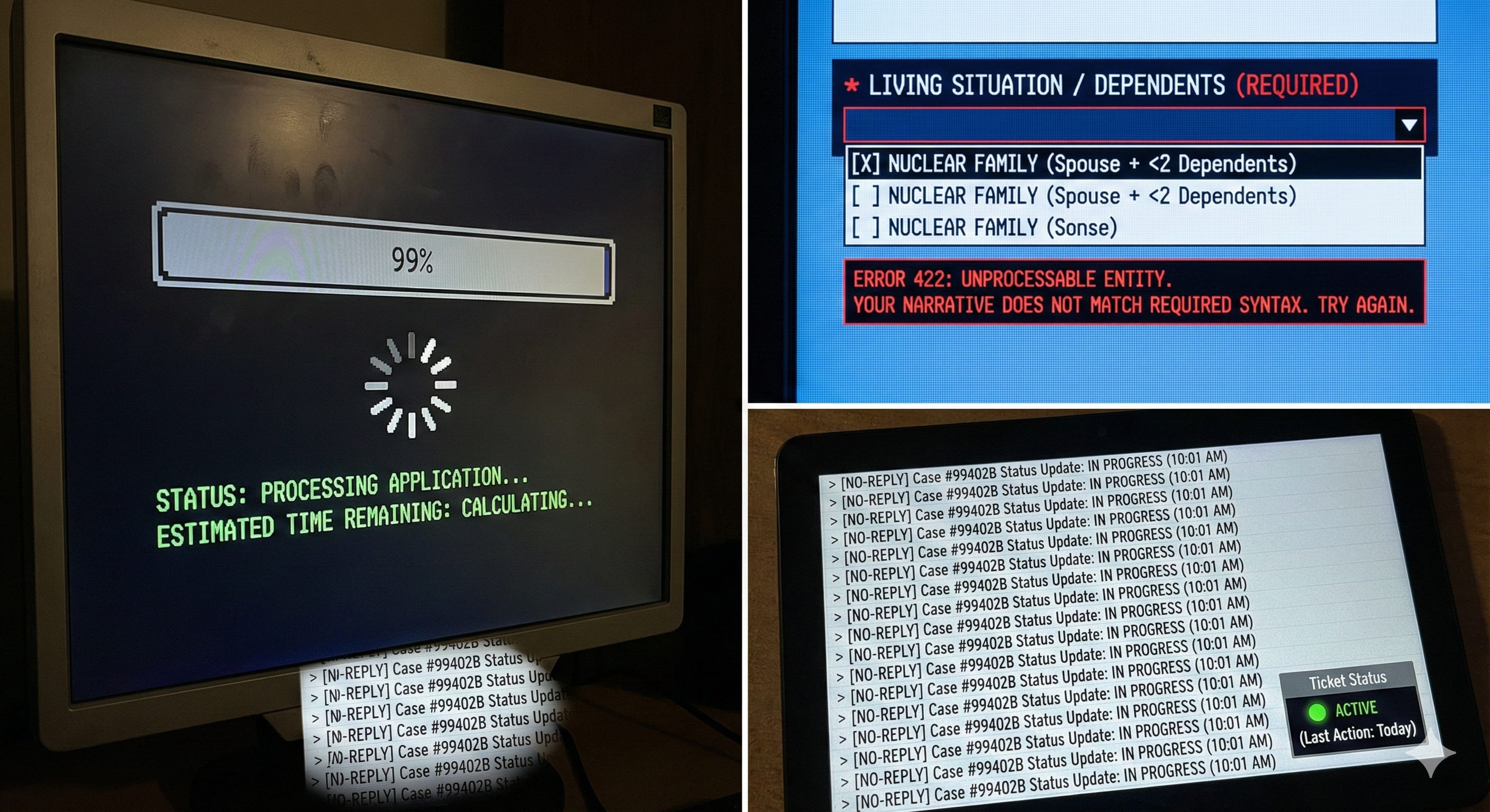 A triptych photograph showing three different digital interfaces that illustrate bureaucratic failure. On the left, an older, thick-bezel LCD monitor displays a dark screen with a pixelated white progress bar stuck at "99%." Below it, a chunky loading spinner rotates, and green, blocky text reads: "STATUS: PROCESSING APPLICATION... ESTIMATED TIME REMAINING: CALCULATING...". The top-right panel is a close-up of a glowing blue screen showing a digital form. A required field labeled "* LIVING SITUATION / DEPENDENTS" has a drop-down menu where only the option "[X] NUCLEAR FAMILY (Spouse + <2 Dependents)" is available. Below it, a red error message box states: "ERROR 422: UNPROCESSABLE ENTITY. YOUR NARRATIVE DOES NOT MATCH REQUIRED SYNTAX. TRY AGAIN.". The bottom-right panel shows a tablet screen with an overflowing email inbox. The entire list consists of identical, repetitive unread messages: "> [NO-REPLY] Case #99402B Status Update: IN PROGRESS (10:01 AM)". In the bottom-right corner of the tablet screen, a small widget labeled "Ticket Status" has a green light and the text "ACTIVE (Last Action: Today)".