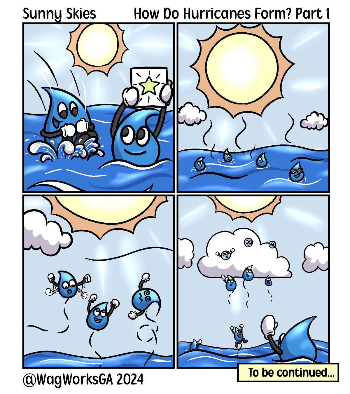 One water droplet does a cannonball into the ocean! The second water droplet holds up a star for the great jump! In the second panel, four water droplets float on top of the ocean as the hot sun blazes. Clouds are forming in the sky. In the third panel, three water droplets float up into the air, indicating evaporation. One droplet is flapping its arms. Another is excitedly raising its arms. And the third has dizzy, spinning eyes. In the final panel, a large cloud is forming, showing condensation, as the new droplets join that cloud.