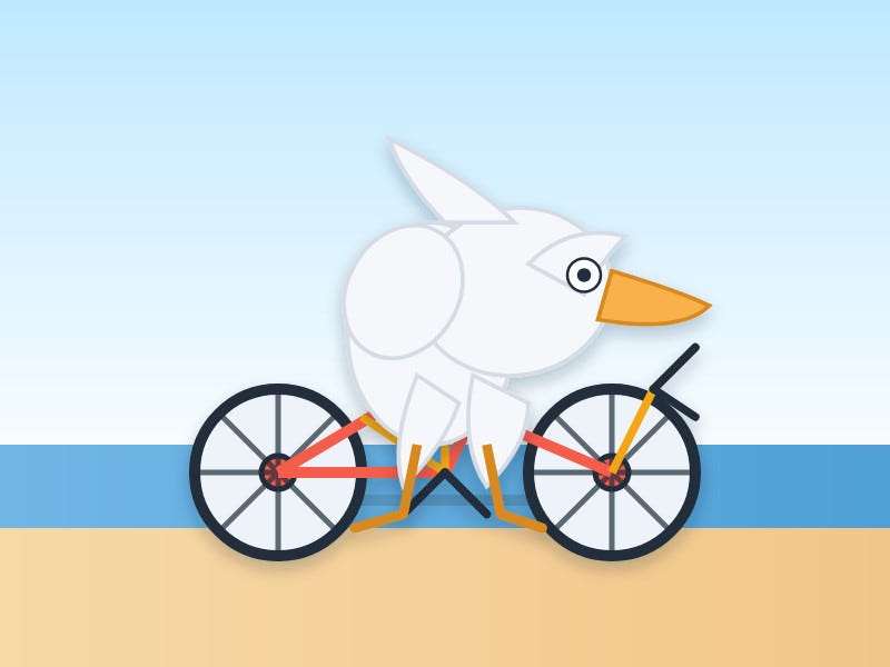 A flat-style illustration shows a white, round-bodied bird with an orange beak pedaling a red-framed bicycle with thin black wheels along a sandy beach, with a calm blue ocean and clear sky in the background.