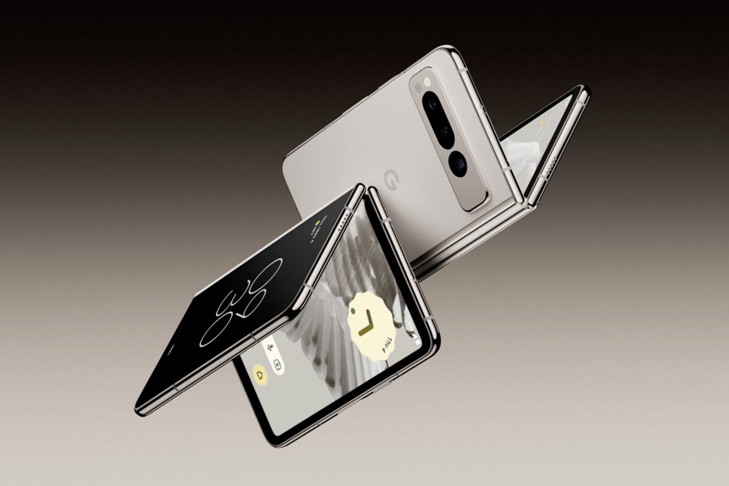 Google’s Pixel Fold foldable phone, showing two phones slightly opened back to back to show both the inside and outside screens.