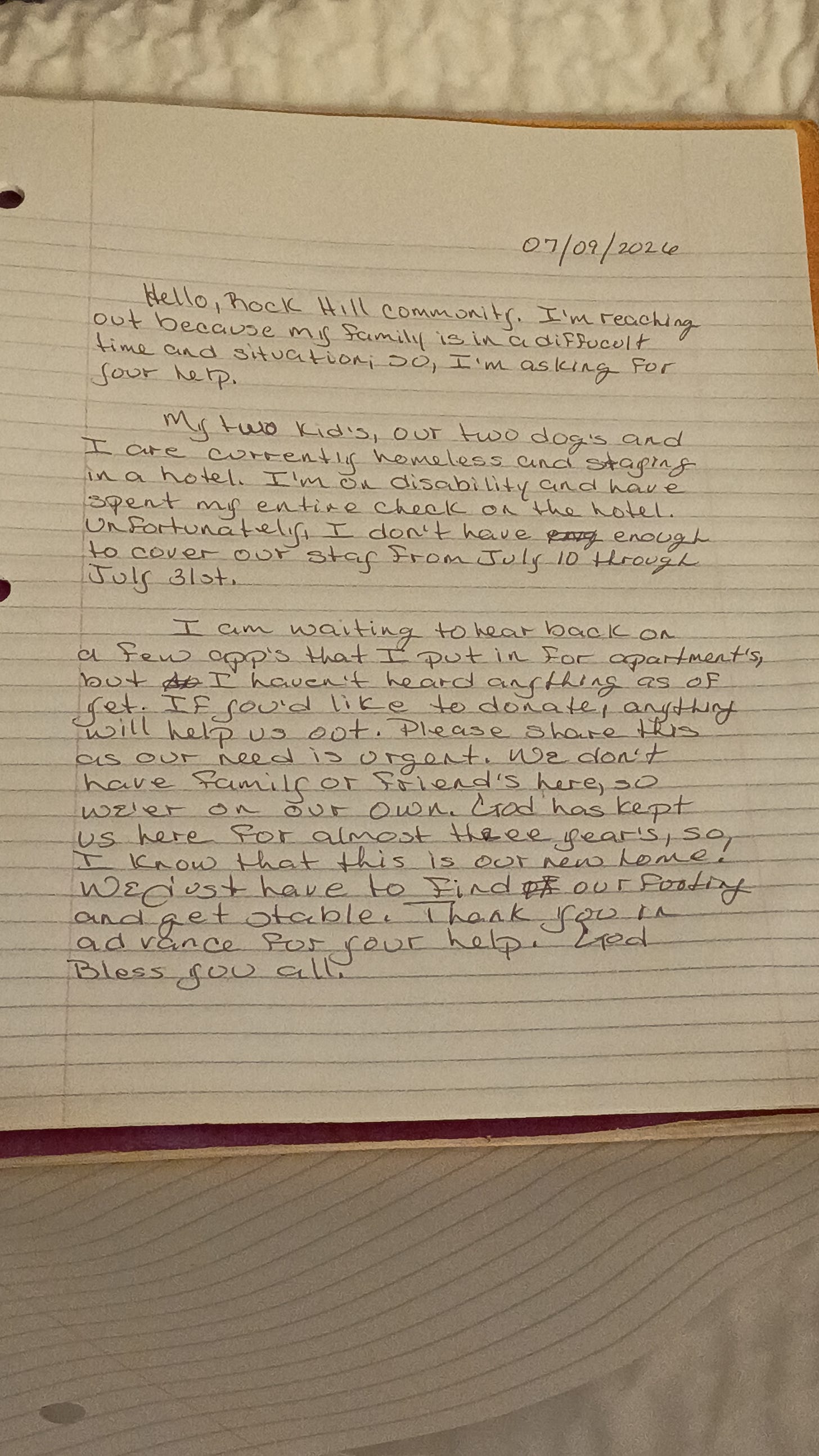 Qiana's handwritten letter, dated 07/09/2026 Qiana's handwritten letter, dated 07/09/2026