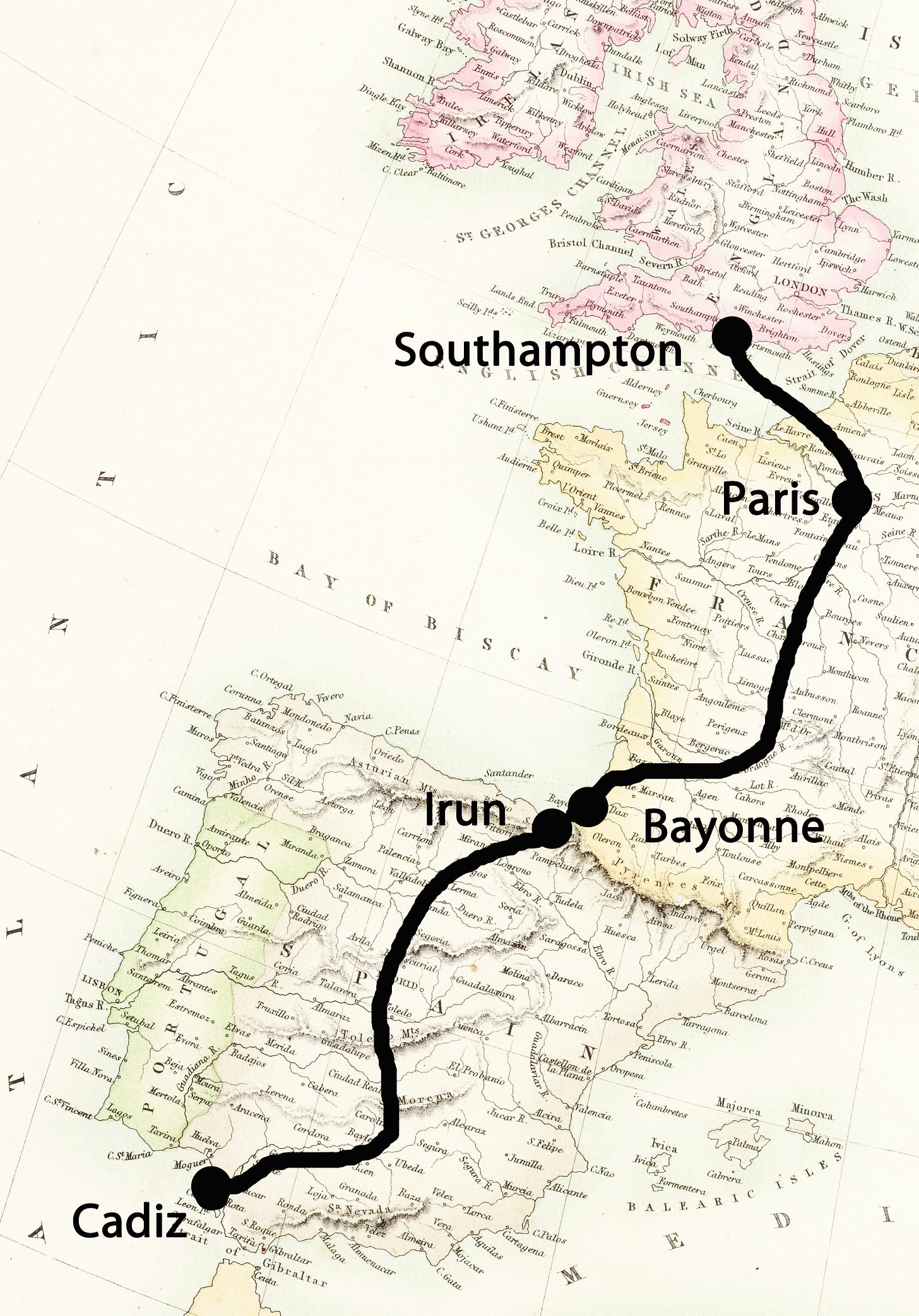 Map showing route from London to Cadiz