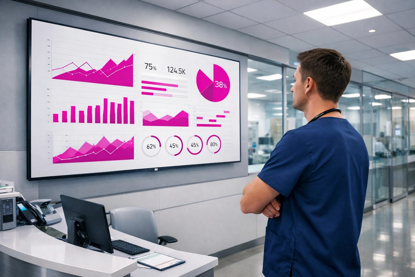 Nurse in navy scrubs reviewing hospital performance data on a digital monitor at a nursing station. Nurse in navy scrubs reviewing hospital performance data on a digital monitor at a nursing station.