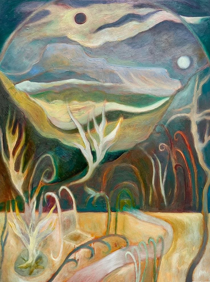 This may contain: an abstract painting with trees and mountains in the background This may contain: an abstract painting with trees and mountains in the background