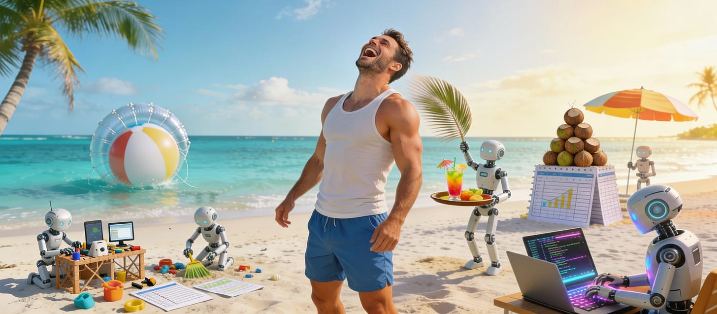 Edited version of the dad-with-robots Cayman beach scene with all original top-left writing removed.