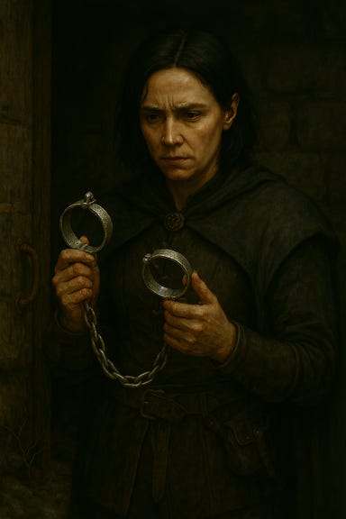 A dark fantasy image of Clarion, visually reminiscent of Gwendoline Christie with black hair, standing in the dimly lit cellar of the Krezkovs' cottage in Barovia. She is tall and imposing, with sharp cheekbones and intense eyes, her black hair pulled back in a loose braid. She wears a long, dark coat over fitted armor, with a high collar and silver accents. In her gloved hands, she holds a pair of silver manacles, examining them closely with a furrowed brow. The manacles gleam faintly in the candlelight, etched with strange runes. The cellar around her is shadowy and cold, with stone walls, wooden beams, and crates stacked in corners. A single lantern casts flickering light, creating long shadows and a sense of quiet dread. A dark fantasy image of Clarion, visually reminiscent of Gwendoline Christie with black hair, standing in the dimly lit cellar of the Krezkovs' cottage in Barovia. She is tall and imposing, with sharp cheekbones and intense eyes, her black hair pulled back in a loose braid. She wears a long, dark coat over fitted armor, with a high collar and silver accents. In her gloved hands, she holds a pair of silver manacles, examining them closely with a furrowed brow. The manacles gleam faintly in the candlelight, etched with strange runes. The cellar around her is shadowy and cold, with stone walls, wooden beams, and crates stacked in corners. A single lantern casts flickering light, creating long shadows and a sense of quiet dread.