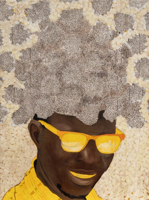 Portrait d'un homme noir dont la chevelure, afro et blanchie, s'envole en forme de feuilles d'automne, de neige, de brouillard