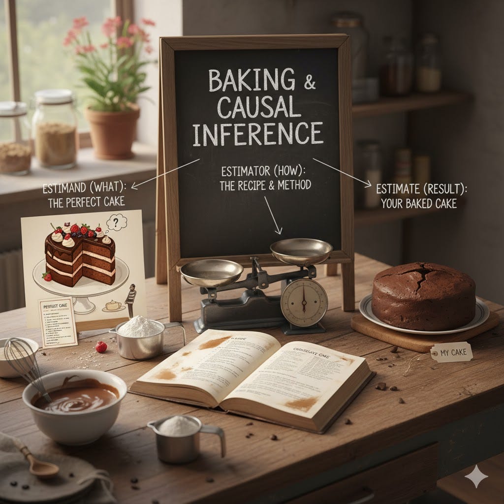 A kitchen scene with a chalkboard explaining causal inference using a baking analogy.