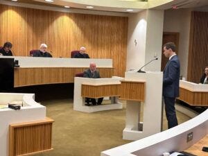 Department of Environmental Quality attorney Jeremiah Langston delivers oral arguments to the Montana Supreme Court on May 15, 2024. (Photo by Blair Miller, Daily Montanan) Department of Environmental Quality attorney Jeremiah Langston delivers oral arguments to the Montana Supreme Court on May 15, 2024. (Photo by Blair Miller, Daily Montanan)