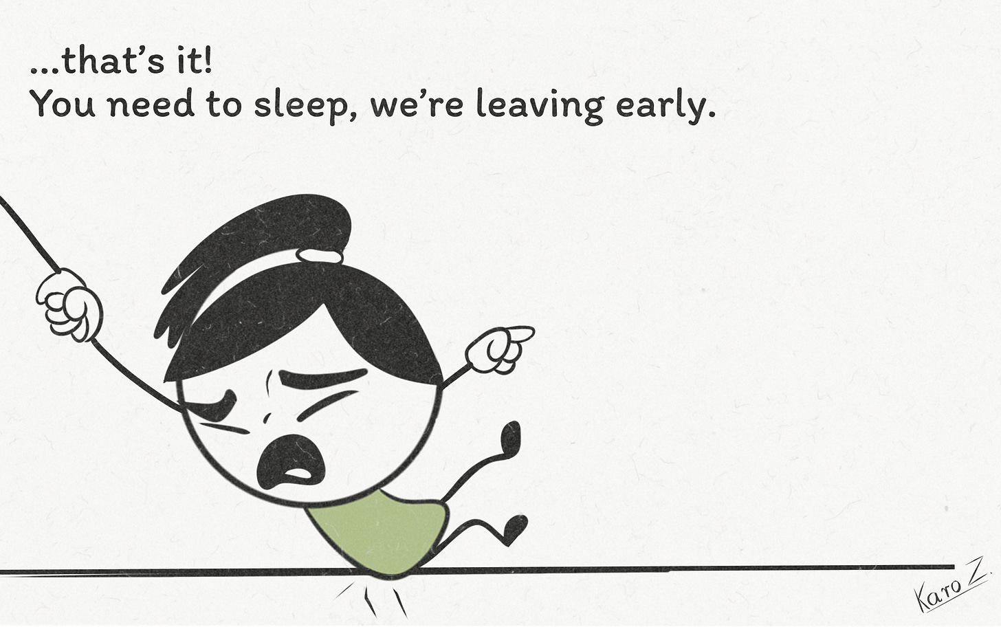 Humorous product cartoon of a character obsessed with vibe coding in Replit and being dragged to bed at 2 am. Developer meme vibe. Illustrated by Karo Z, Product With Attitude, using Procreate. 