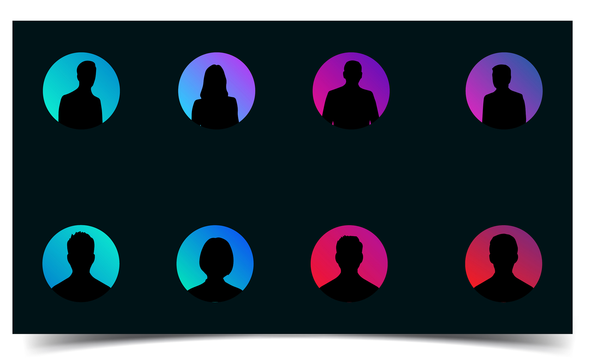 Black space with 8 circles with a range in colours of blue, purple and red. Each circle has a silhouette of an individual...