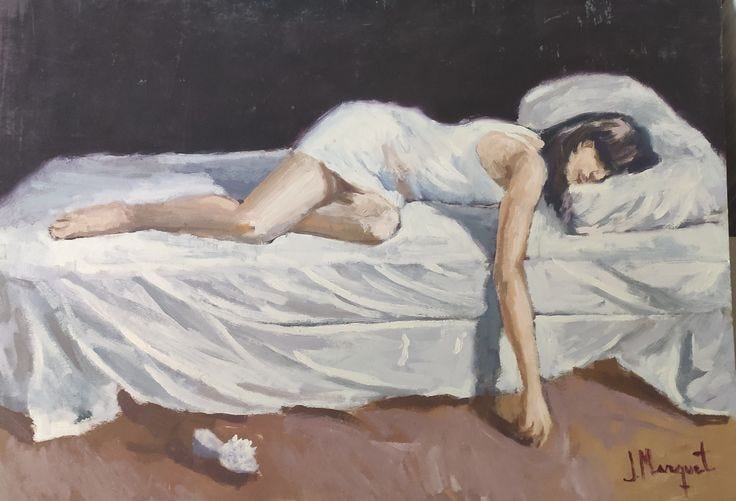This may contain: a painting of a woman laying on a bed