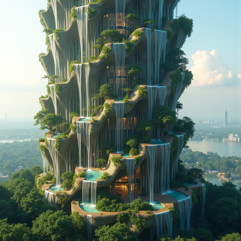 A skyscraper built to resemble a cascading waterfall, with each level jutting out slightly over the one below. The exterior of the building has water flowing down its sides, creating the illusion of a waterfall running down the entire structure. The water is recycled through a system that powers the building’s cooling system, while tropical gardens fill the terraces. Waterfall-inspired, sustainable, fluid design, tropical integration.