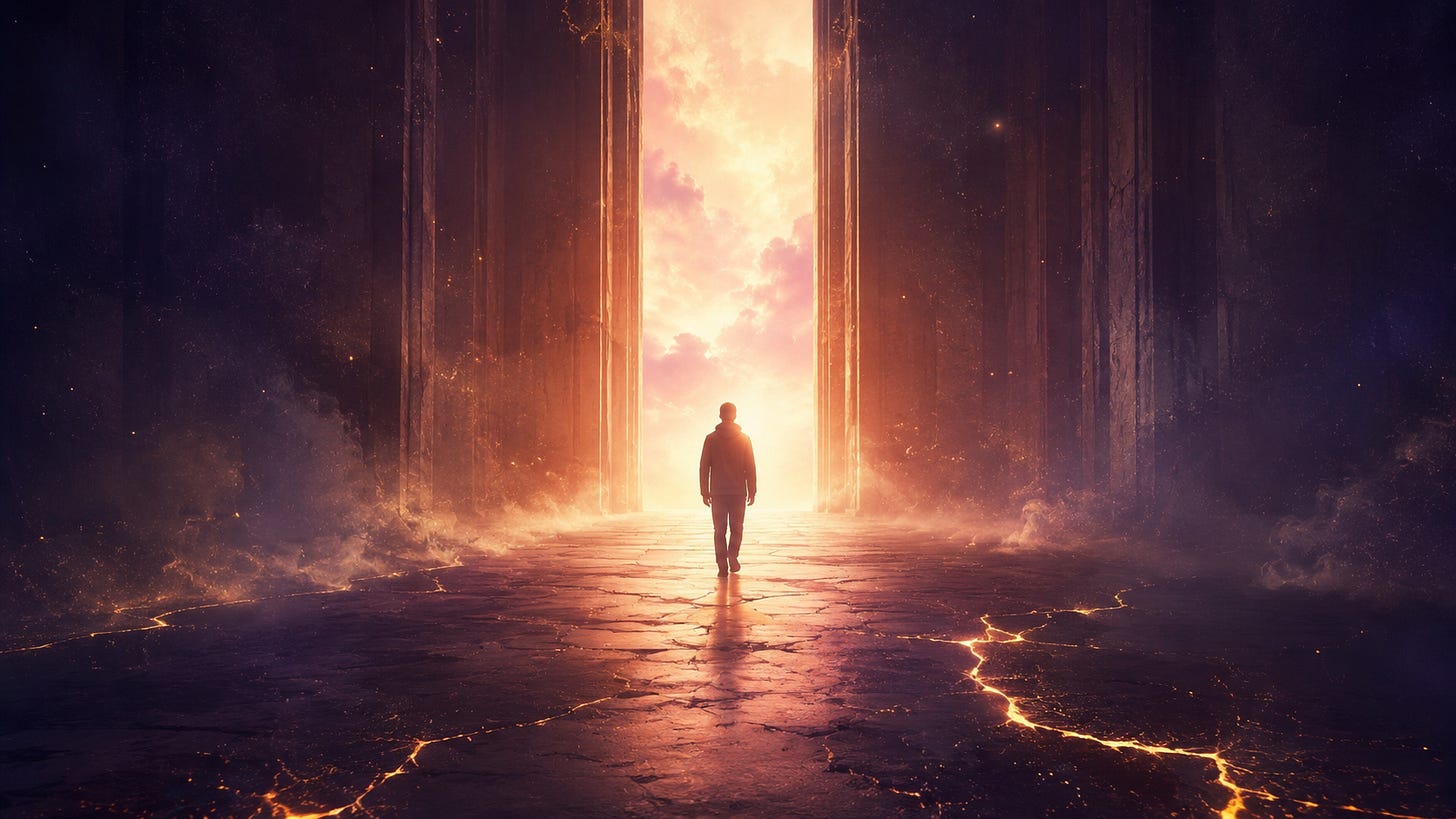 A solitary figure walking through a dark, quiet corridor toward a vast luminous doorway filled with warm golden and soft rose light. A solitary figure walking through a dark, quiet corridor toward a vast luminous doorway filled with warm golden and soft rose light.