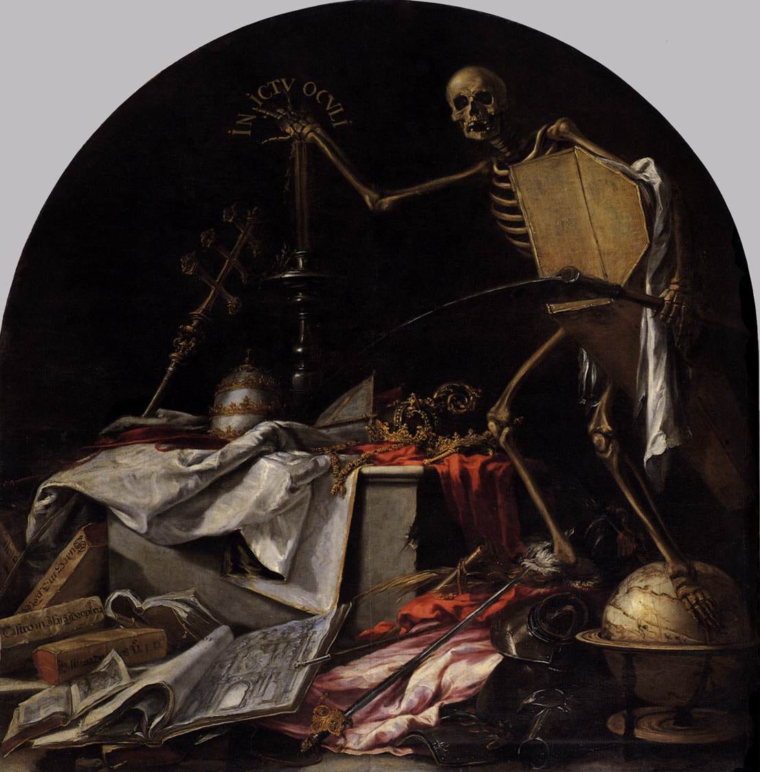 A skeleton snuffing a candle over crowns and armor A skeleton snuffing a candle over crowns and armor