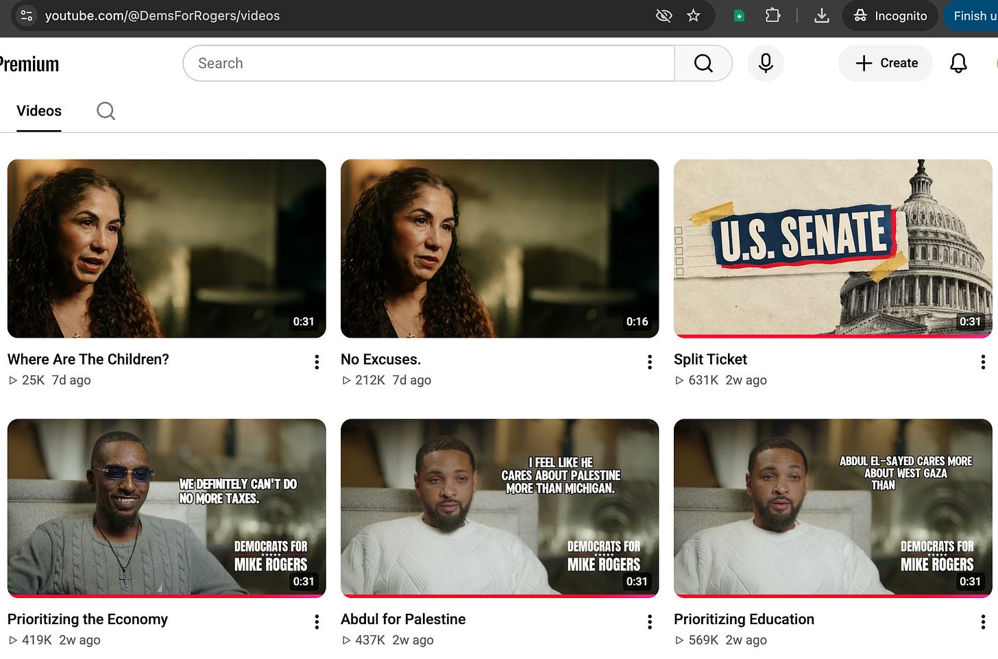 screenshot of DemsForRogers youtube account, showing multiple video ads with hundreds of thousands of views screenshot of DemsForRogers youtube account, showing multiple video ads with hundreds of thousands of views