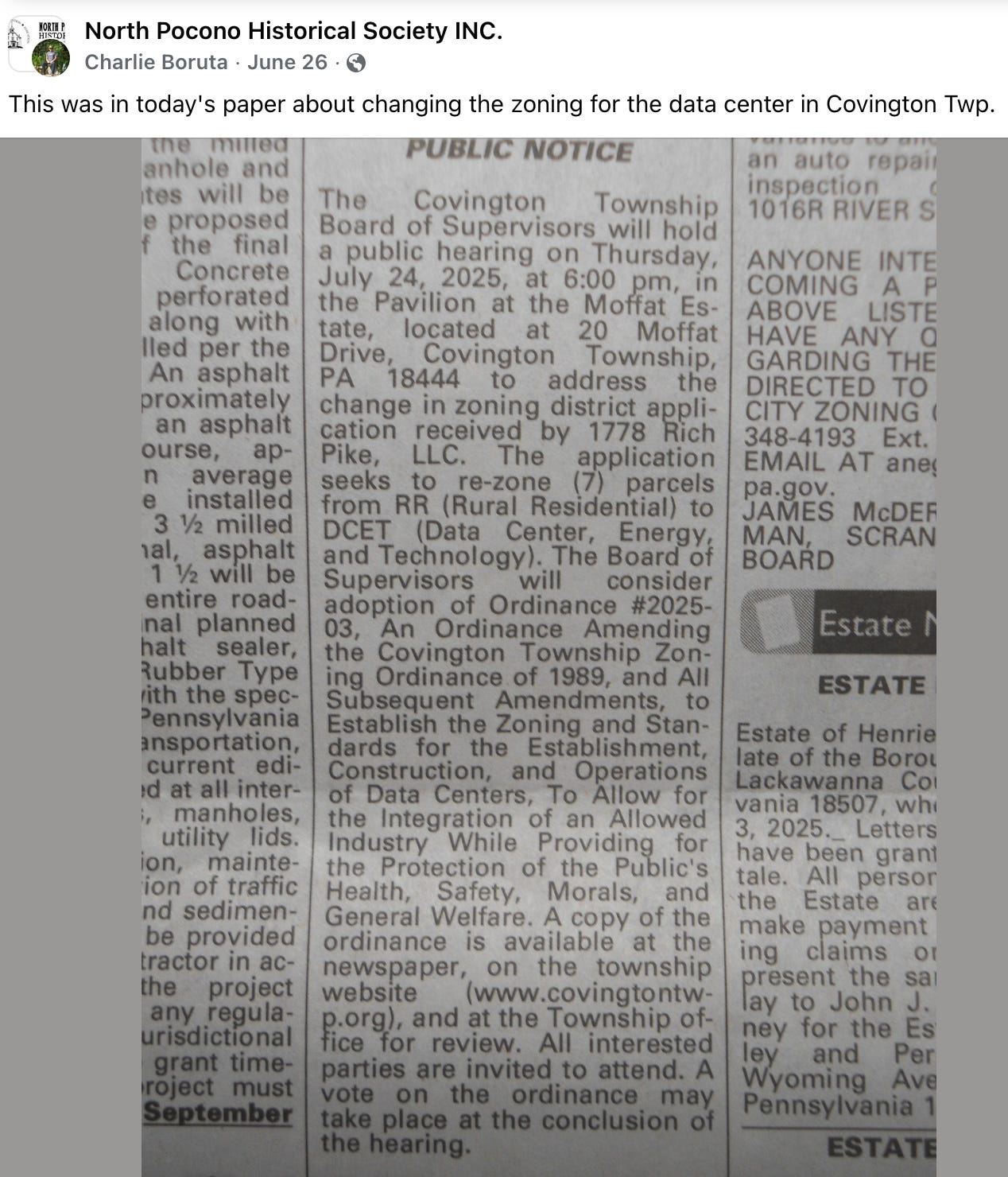Image description: the Covington Township Board of Supervisors meeting about the re-zoning was in a public notice in a print edition of some local newspaper, and a screenshot was posted on Facebook by the North Pocono HIstorical Society Inc.