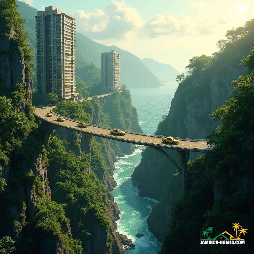 Jamaican mountain pass with narrow winding road, fast-moving river, and lush green cliffs, modern apartment towers rise with realistic glass, concrete, and steel, connected by skybridges, Jamaican taxis and cars navigate, tropical vegetation on cliffs, golden sunlight through misty clouds, in ultra-realistic cinematic style inspired by filmmakers like Denis Villeneuve, Roger Deakins, and Emmanuel Lubezki, with cinematic lighting, film grain, and vignette.
