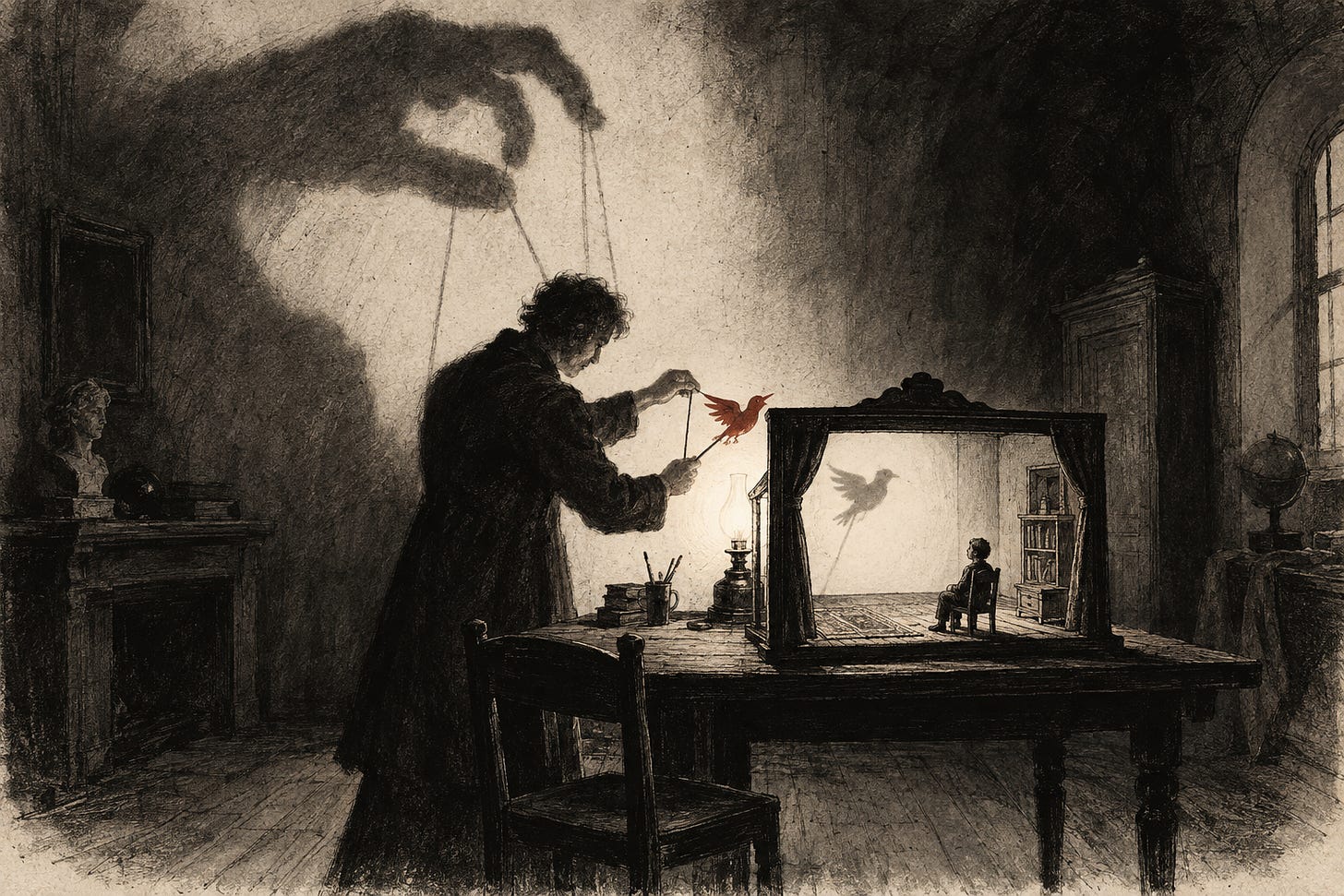A man working a small puppet theatre while a giant shadow hand above him pulls strings attached to him. A man working a small puppet theatre while a giant shadow hand above him pulls strings attached to him.