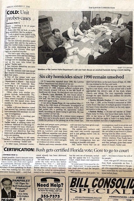 Third and last installment of the Forgotten Souls series published on Nov. 26-27,2000 with the last unsolved homicide case and a story about creation of a cold case unit at the Lawton Police Department, something that took place as we rolled out the series. Click on each picture to see the full page. (Mc Nelly Torres | Don’t Forget My Voice)