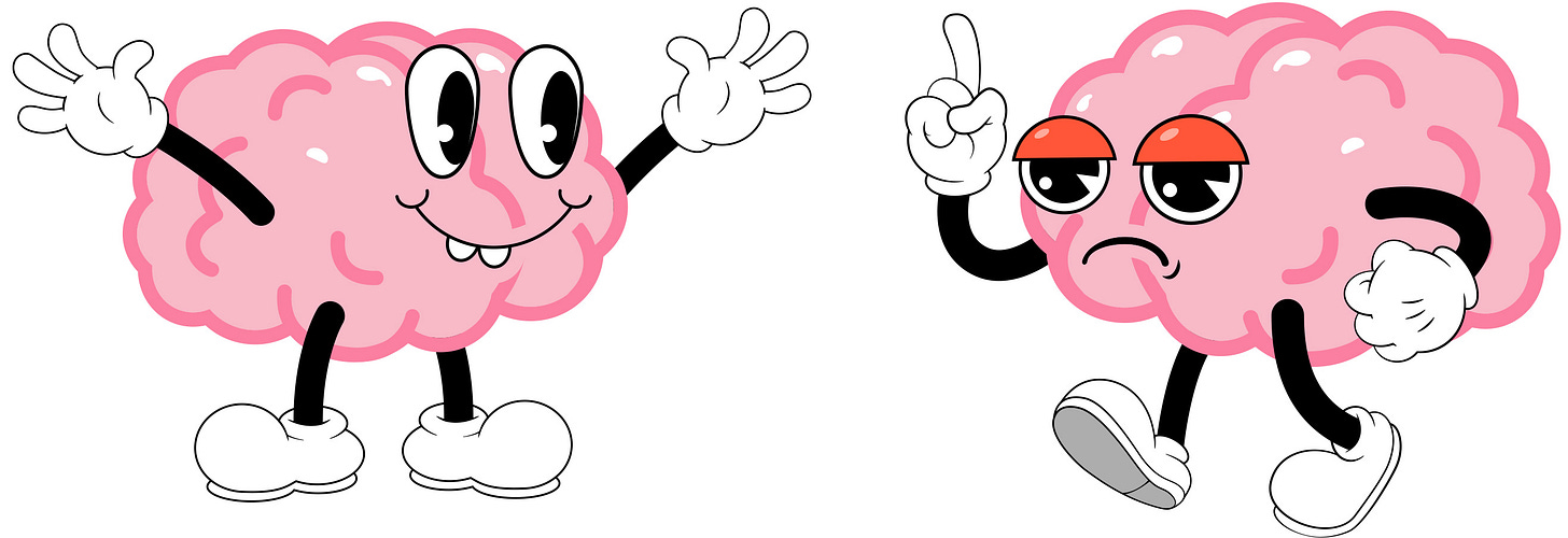 Cartoon of two brains, one of which has a judgmental expression with furrowed 'brows' and a stern look, while the other brain appears happy.