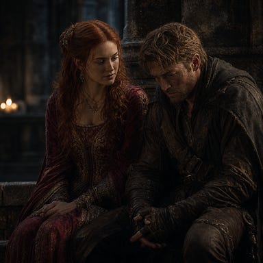 Ireena Kolyana red haired noblewoman sitting beside Greegan sandy haired furtive world weary rogue, he looks afraid she will not like the real him, intimate quiet moment