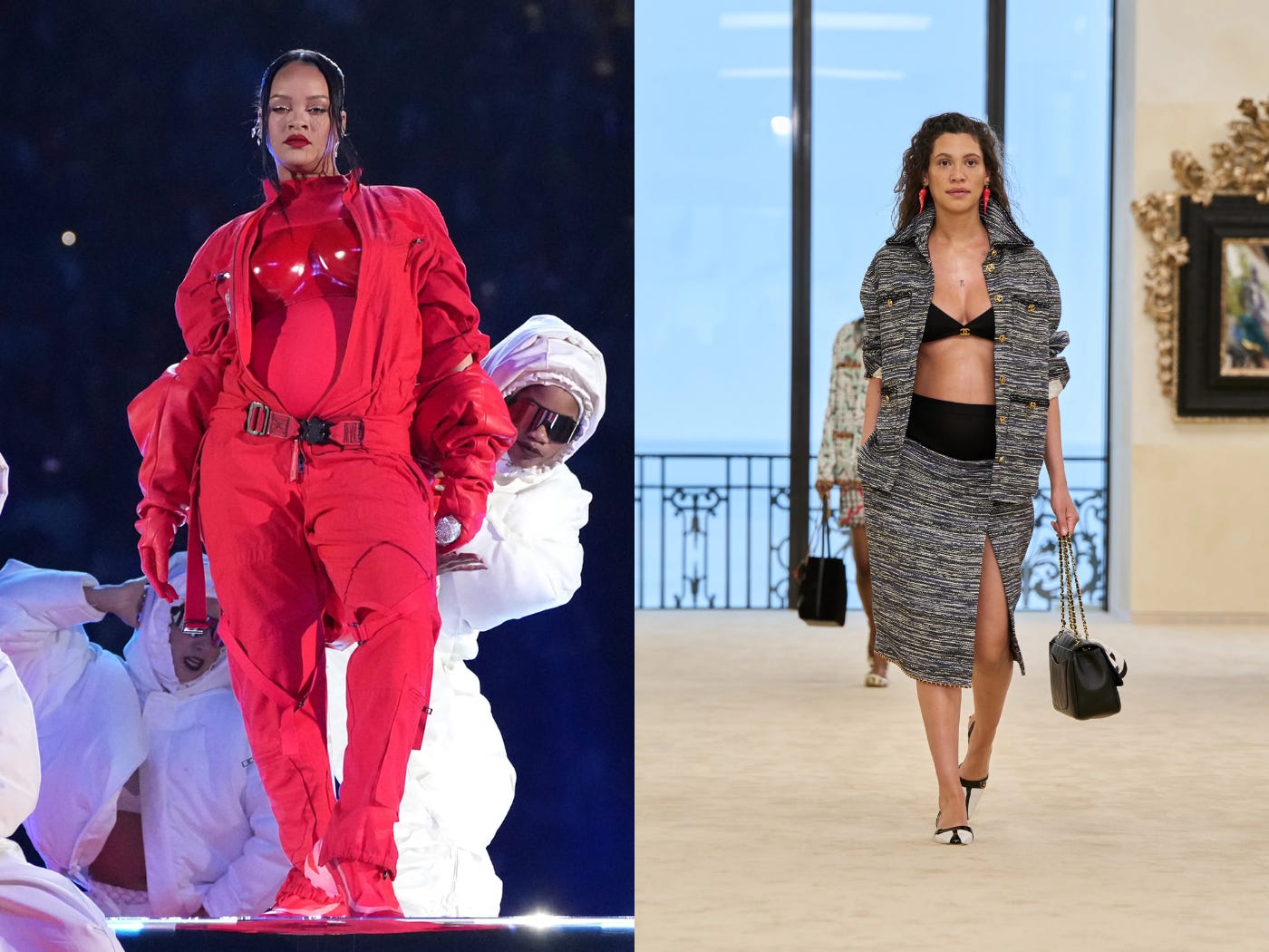 Two side-by-side images showing Rihanna performing at the Super Bowl in a bright red Loewe outfit while pregnant, and a pregnant model walking the Chanel runway in a gray tweed skirt suit with a black bra top. Two side-by-side images showing Rihanna performing at the Super Bowl in a bright red Loewe outfit while pregnant, and a pregnant model walking the Chanel runway in a gray tweed skirt suit with a black bra top.
