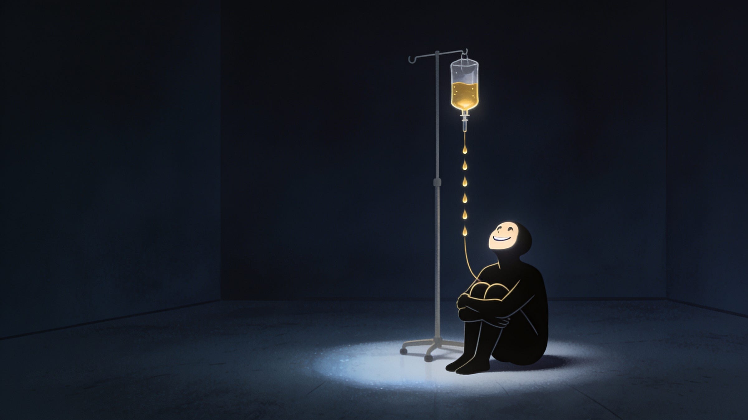 A dark room. A small figure sits on the floor with knees drawn up, lit from above, smiling faintly upward. Beside them a medical drip stand, the bag glowing gold, the drops falling one at a time into the figure.