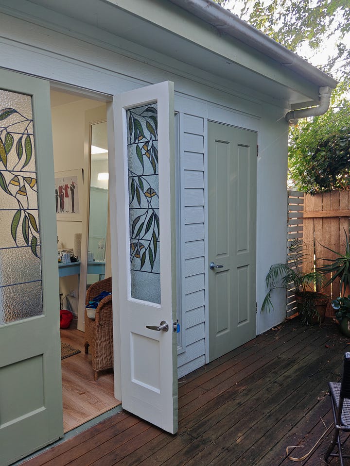 L: the front of an annexe in a garden, its door open. R: a young blonde man pointing at Coles supermarket's entrance in a shopping centre.