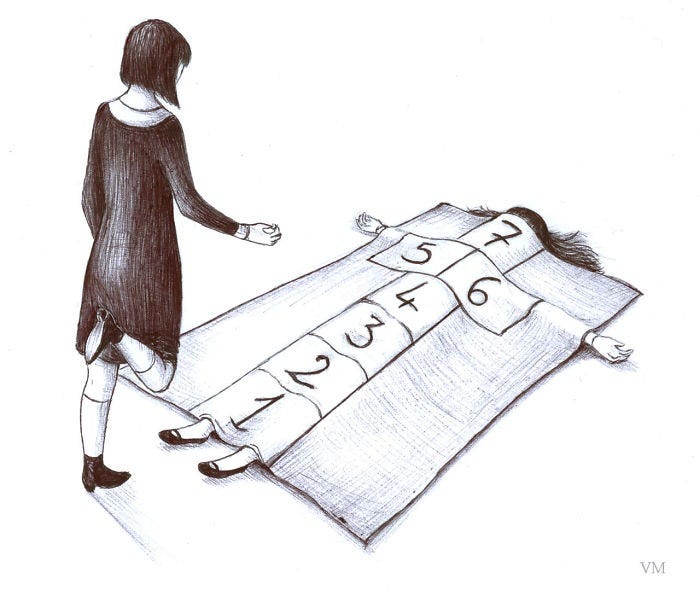 Surreal-Illustrations-Virginia-MoriA surreal black-and-white drawing of a young girl preparing to play hopscotch. The hopscotch grid is drawn on the flattened body of another girl, whose limbs and hair spill out from beneath the numbered squares.
