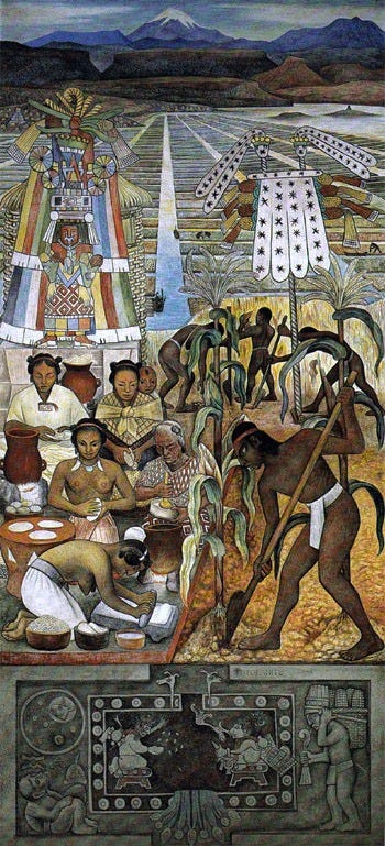 Diego Rivera’s mural The Huastec Civilization (c. 1950) depicts a vibrant scene of Indigenous Huastec life, with multiple figures engaged in daily activities such as farming, craft-making, and ritual. Men and women in traditional dress are arranged in a rhythmic composition across a lush landscape, surrounded by tropical vegetation and architectural elements that reference pre-Columbian culture. Rivera uses saturated earth tones, blues, and greens, and stylized, monumental forms to celebrate the labor, knowledge, and continuity of Huastec civilization.