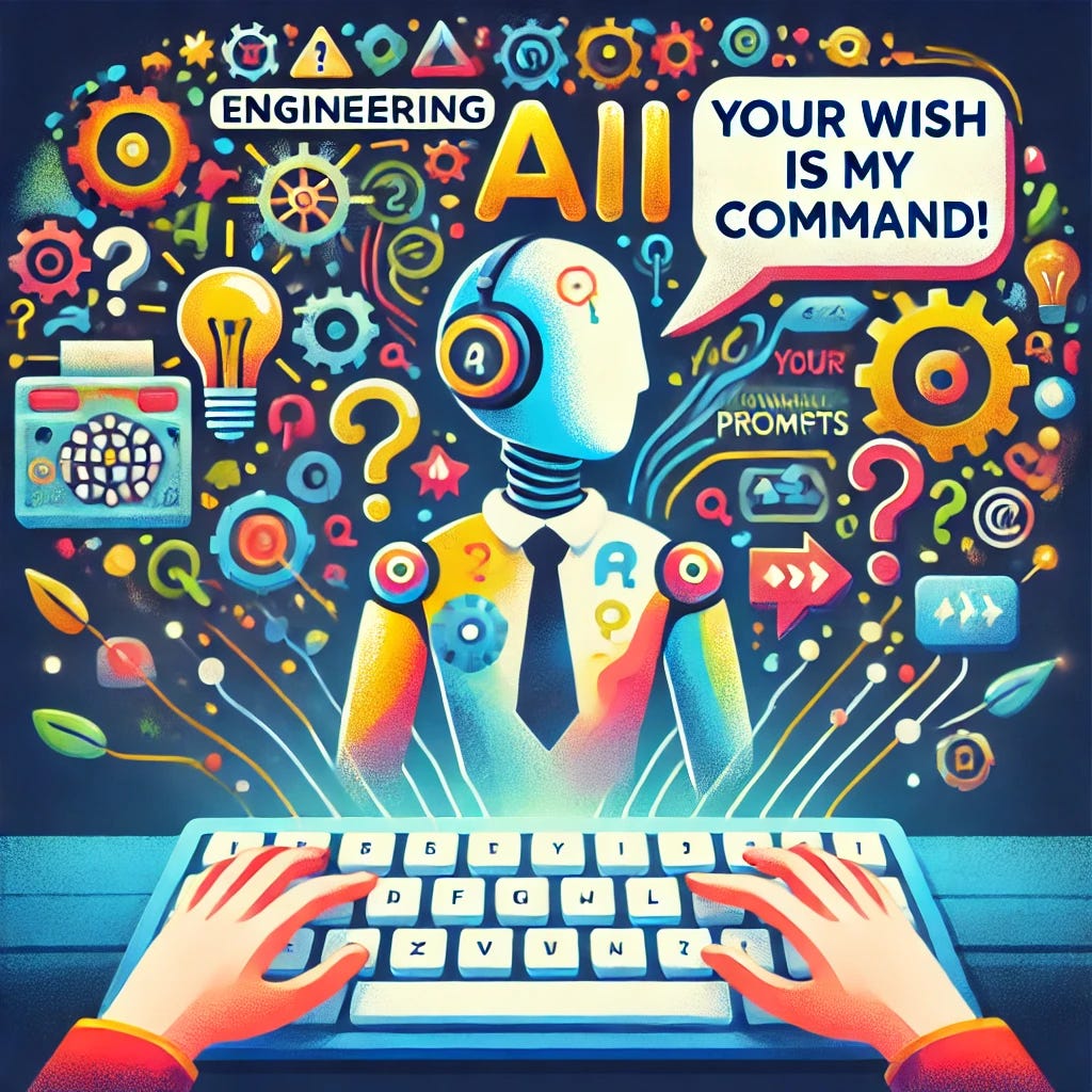 A playful and futuristic illustration representing 'engineering of prompts,' showing a person (human) typing on a keyboard, with colorful and creative words and icons (like lightbulbs, gears, and question marks) flowing from the screen into the air, forming an AI-like humanoid figure. The AI figure looks responsive, holding a glowing sign that says 'Your wish is my command!' in a vibrant, dynamic setting. The style is bright, humorous, and modern, with a tech-inspired aesthetic. 400x400 pixels size.