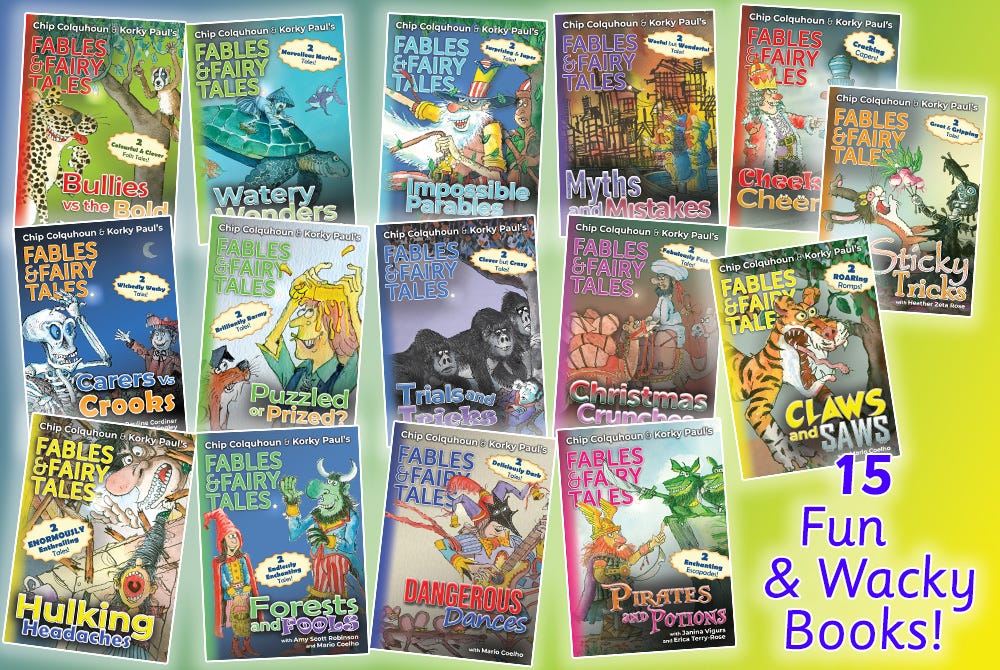 An assortment of colourful book covers illustrated by children's artist Korky Paul