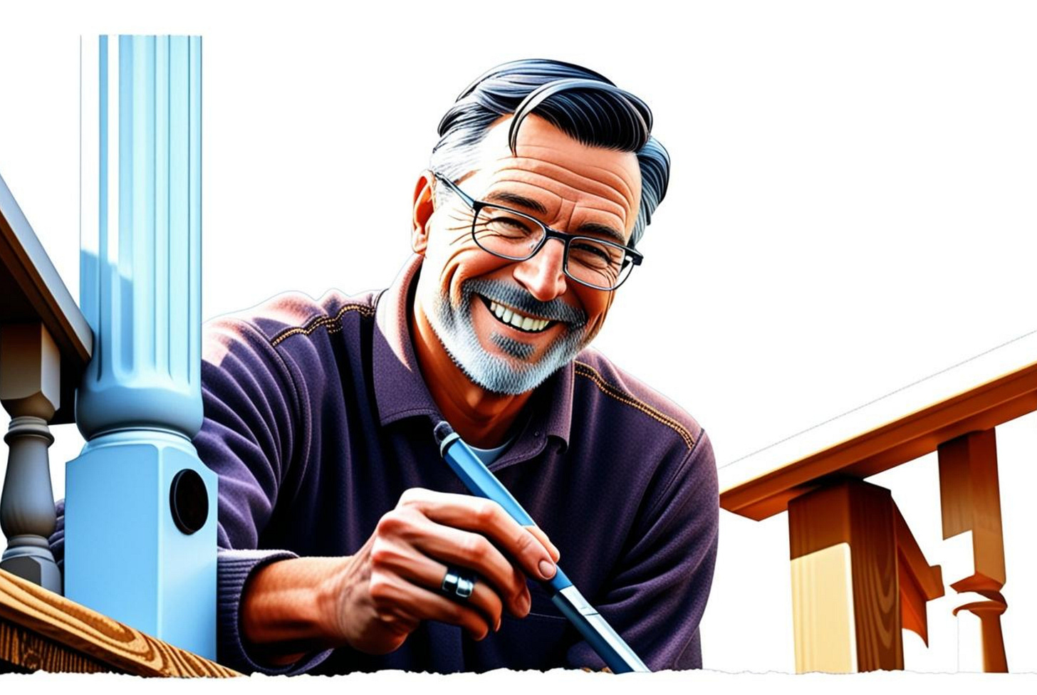 Illustration of a man smiling while painting deck balusters