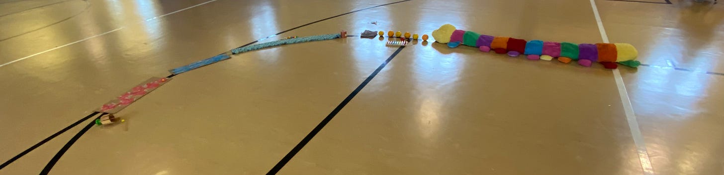 Various colorful objects, including a scarf, citrus fruits, and a giant rainbow caterpillar, are in an arc on a gym floor. Various colorful objects, including a scarf, citrus fruits, and a giant rainbow caterpillar, are in an arc on a gym floor.