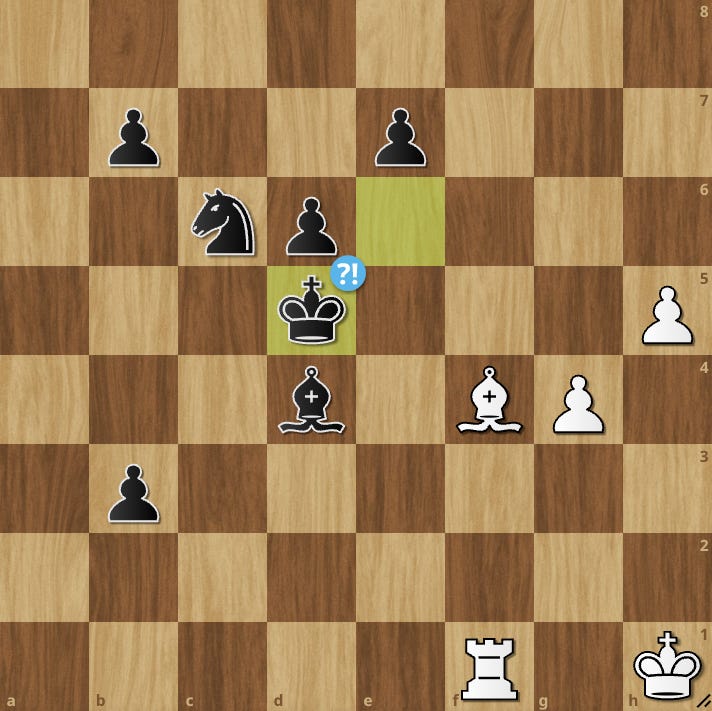 Digital chess board diagram showing a seven-piece endgame position from the 1999 "Kasparov vs. the World" game, with the black king on d5 highlighted and annotated with a "?!" symbol. Digital chess board diagram showing a seven-piece endgame position from the 1999 "Kasparov vs. the World" game, with the black king on d5 highlighted and annotated with a "?!" symbol.
