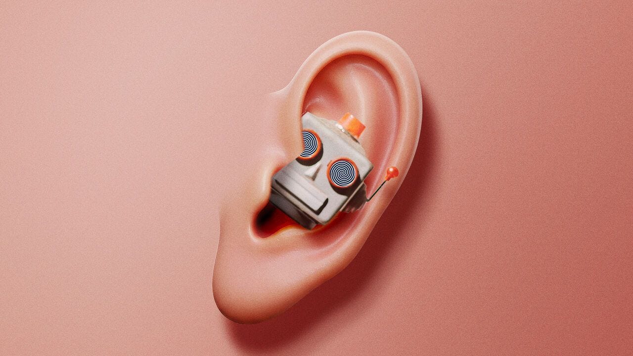 Illustration of an ear that is blocked by a small robot's head. Illustration of an ear that is blocked by a small robot's head.