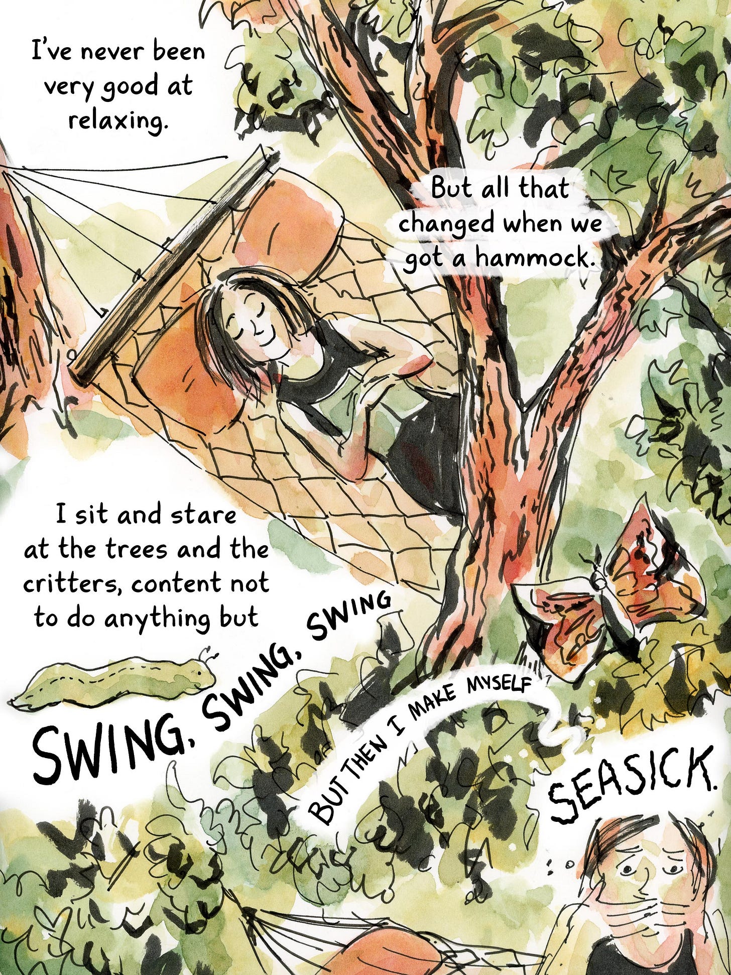 Watercolor comic page about the struggles of trying to relax by graphic novelist K. Woodman-Maynard. 