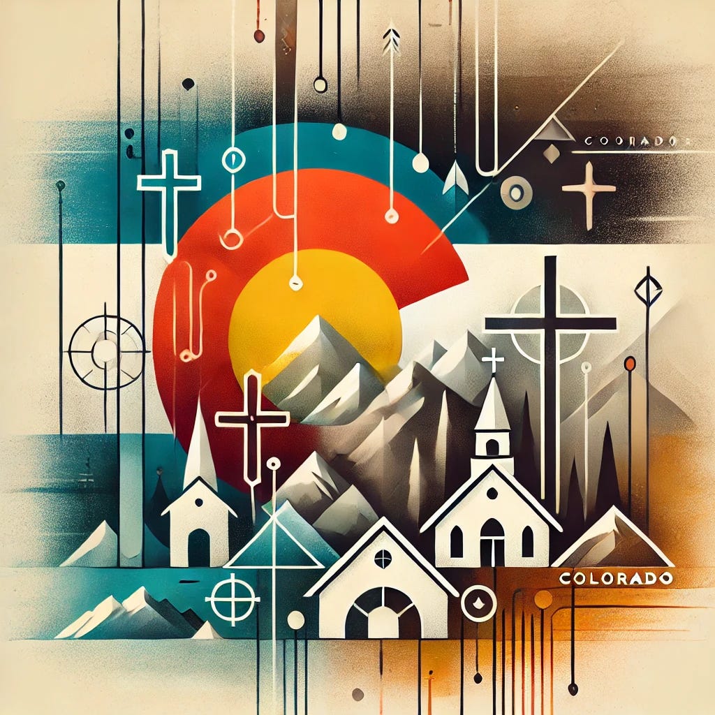 An artistic representation symbolizing the history and challenges of church growth in Colorado. The image features a clean and minimalistic design with a Colorado state flag subtly incorporated into the background. The composition includes abstract symbols of churches without specific titles or labels, focusing on unity and revival. The background uses a blend of earthy and vibrant colors to evoke Colorado’s natural landscape, such as mountains and open skies. The overall style is modern and inspirational, suitable for a blog discussing faith and renewal.