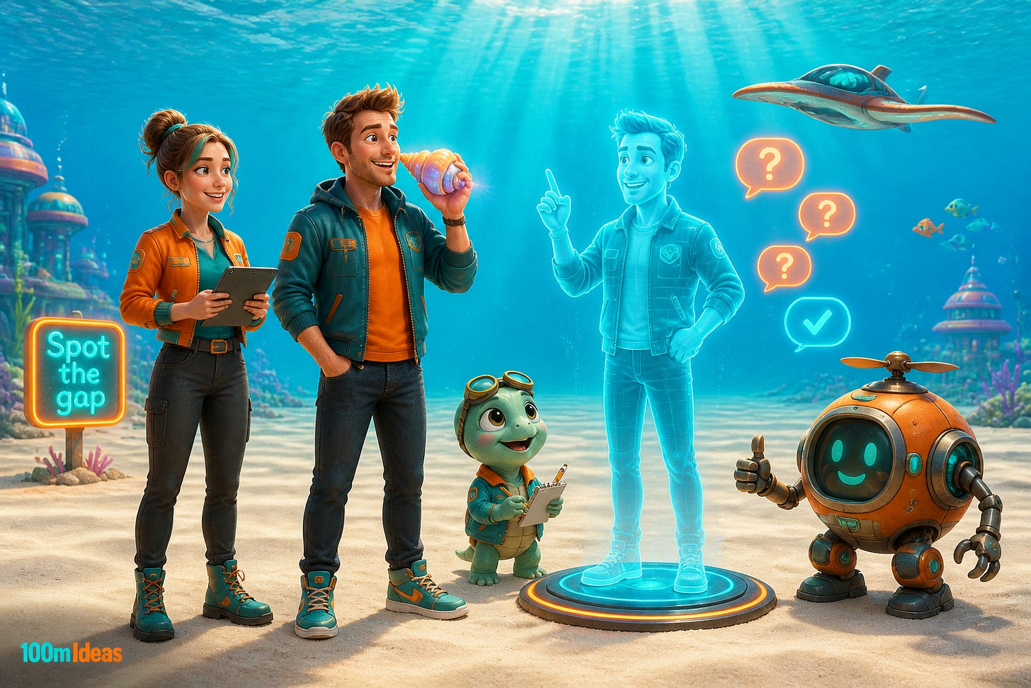Two undersea explorers in smart-casual bomber jackets: he speaks into a glowing shell while a teal hologram of himself answers question bubbles, with a baby sea turtle in a jacket and a brass diving-bell robot. A neon sign reads: Spot the gap.