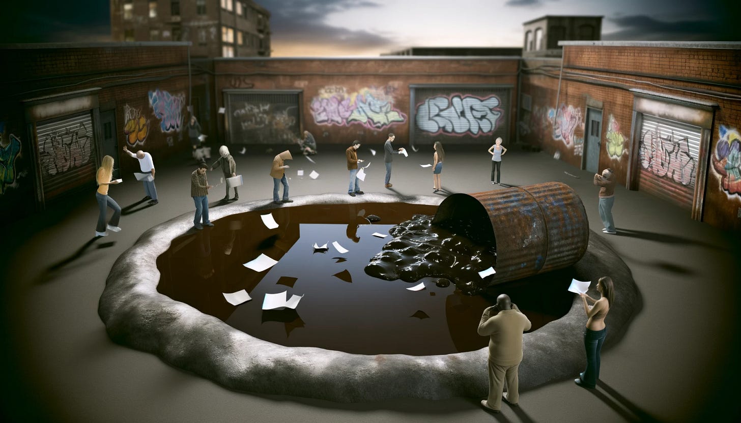 A metaphorical urban scene depicting the negativity of online comments in a 16:9 aspect ratio. Visualize a decrepit urban environment, like an alley or a street corner with graffiti on the walls. At the center, a large pool filled with a dark, viscous substance symbolizes toxic thoughts and comments. Surrounding the pool, diverse people of different ages and appearances throw in papers or objects that represent their venomous and destructive comments. The light is dim, with predominant shades of gray and brown, emphasizing discomfort and repulsion.