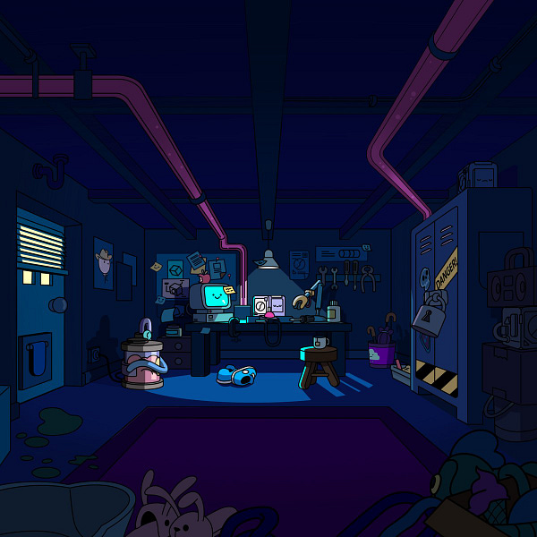 A peek inside a dark room in the Doodles workshop, focusing on a table. There’s light shining on a table which holds a computer and a Genesis Box. On the floor is a Dooplicator and all along the side is a set of lockers. Stickies fill the inspiration board on the wall. A pair of shoes were left under the table.