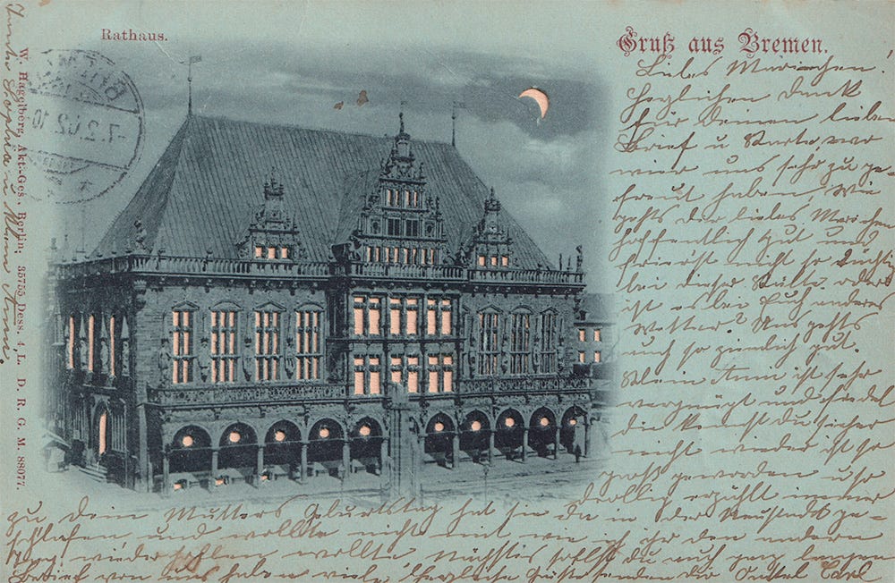 Postcard showing Bremen Town Hall by moonlight, 1912