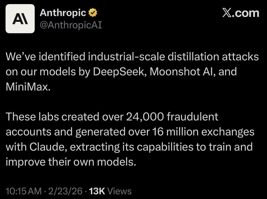 Anthropic is accusing DeepSeek, Moonshot AI (Kimi) and MiniMax of setting  up more than 24,000 fraudulent Claude accounts, and distilling training  information from 16 million exchanges. : r/singularity