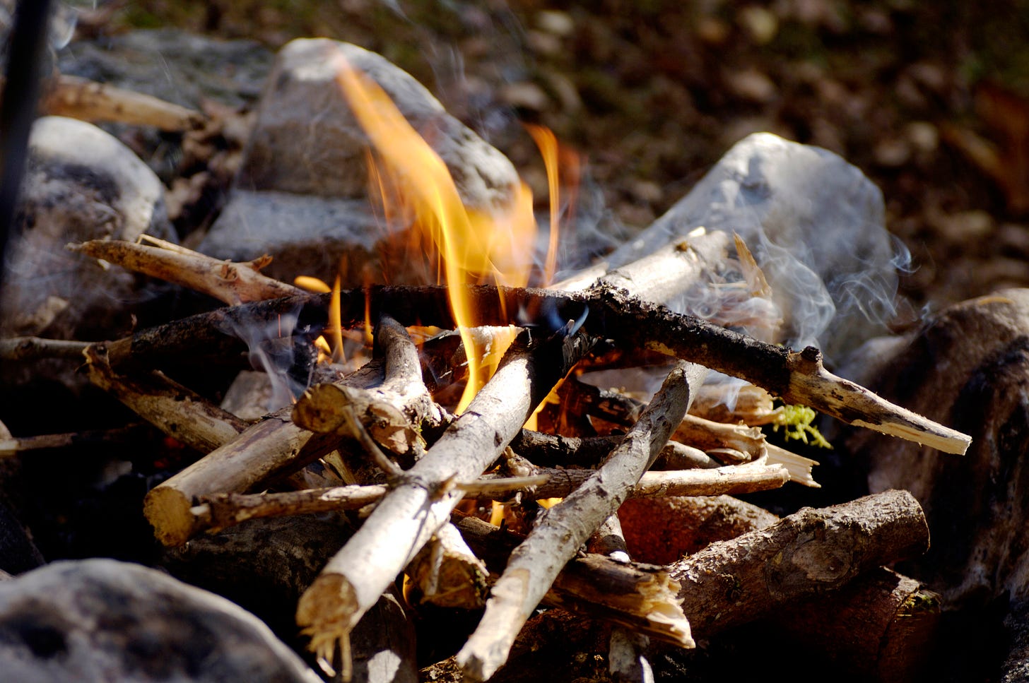 An image of a newly started campfire in a circle of stones; there are several small twigs and branches, wisps of smoke, and orange flames rising up from the wood. An image of a newly started campfire in a circle of stones; there are several small twigs and branches, wisps of smoke, and orange flames rising up from the wood.