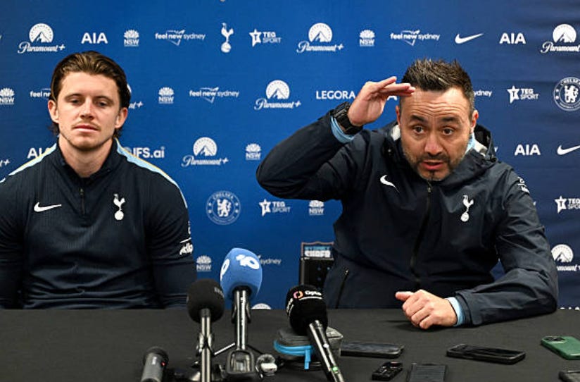 FBL-AUS-ENG-TOTTENHAM-CHELSEA Tottenham Hotspur's head coach Roberto De Zerbi (R) and player Conor Gallagher attend a press conference after a training session at Allianz Stadium in Sydney on July 31, 2026, ahead of a pre-season friendly against Chelsea. (Photo by SAEED KHAN / AFP via Getty Images) FBL-AUS-ENG-TOTTENHAM-CHELSEA Tottenham Hotspur's head coach Roberto De Zerbi (R) and player Conor Gallagher attend a press conference after a training session at Allianz Stadium in Sydney on July 31, 2026, ahead of a pre-season friendly against Chelsea. (Photo by SAEED KHAN / AFP via Getty Images)