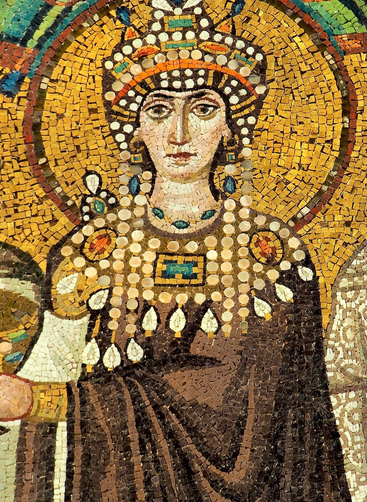 Empress Theodora and her attendants, a golden Byzantine mosaic at Ravenna