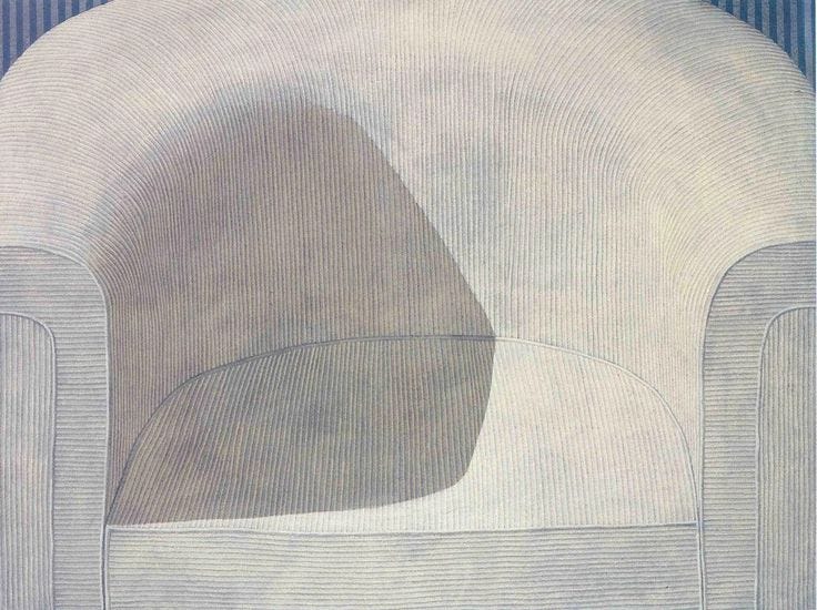 This may contain: an abstract painting with lines and curves in blue, white and grey colors on a striped background